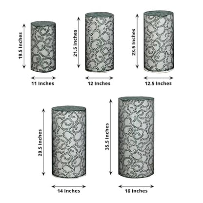 Efavormart Set of 5 Hunter Emerald Green Sequin Mesh Cylinder Display Box Stand Covers with Leaf Vine Embroidery, Sparkly Sheer Tulle Pedestal Pillar Prop Covers - color: Hunter Green, size: Sequin Mesh Cylinder Covers - Leaf Pattern