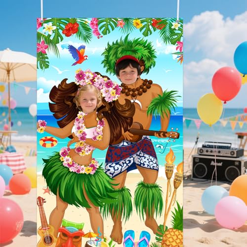 AIBIIN Hawaiian Photo Props Banner Tiki Luau Couple Door Banner Aloha Party Decorations Tropical Beach Photo Booth Background Tiki Luau Aloha Beach Party Decorations 43.3x70.8inch