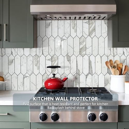 Vamos Tile Glossy Carrara White Backsplash Tile Peel and Stick, 12.8 x 12.8 Inch 10 Sheets Long Hexagon PVC Self Adhesive Mosaic Wall Tiles Stick on Backsplash for Kitchen and Bathroom - color: Glossy Carrara White