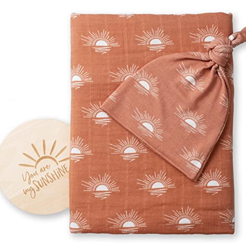 Miaoberry 100% Organic Cotton Baby Muslin Swaddle Blanket Set| Rust Boho Sunrays Sunset| Gender Neutral for Boys Girls|Hospital Newborn Receiving Blanket |Newborn Unisex - color: Sunset Rust