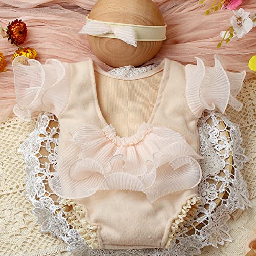 Baby Photography Props Outfit Lace Rompers Newborn Girl Photo Shoot Outfits Flower Headband Princess Costume - color: Off-white