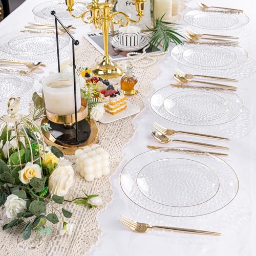 Rubtlamp 60Pcs Clear Plastic Plates,Clear Disposable Plates With Gold Rim,Heavy-duty Gold Plates,Hammered Party Plates Include 30Clear Dessert-Platos,30Dinner-Platos for Wedding, Party - color: Clear Gold