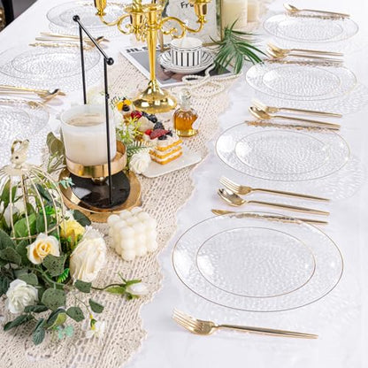 Rubtlamp 60Pcs Clear Plastic Plates,Clear Disposable Plates With Gold Rim,Heavy-duty Gold Plates,Hammered Party Plates Include 30Clear Dessert-Platos,30Dinner-Platos for Wedding, Party - color: Clear Gold