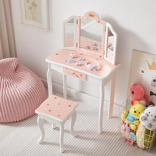 Nromant Kids Vanity Table and Chair Set, Girls Vanity Set with Stool, Tri-Folding Mirror, Dressing Table with Drawer for Little Girls (Pink) - color: Pink