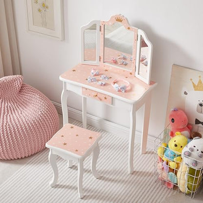 Nromant Kids Vanity Table and Chair Set, Girls Vanity Set with Stool, Tri-Folding Mirror, Dressing Table with Drawer for Little Girls (Pink) - color: Pink