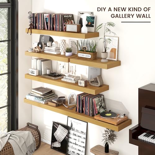 Venusmiles Floating Shelves for Wall, Engineered Wood Wall Shelves with Invisible Brackets for Living Room Bedroom Bathroom Office Kitchen Decor and Storage (Oak, 72" W x 9" D x 1.5" H) Set of 1 - color: Natural Oak, size: 72"W, Set of 1