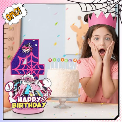 Baderke Pink Spider Theme Birthday Number Sign 16.7'' Purple Spider Birthday Centerpiece for Party Decor Wooden Table Photo Prop(4th) - style: 4th