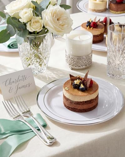 bUCLA 100Pieces Silver Plastic Plates - 6.25inch White with Silver Rim Disposable Salad/Dessert/Appetizer/Small Cake Plates for Weddings, Parties&Gathering - color: 6.25Inch-100pcs-Silver