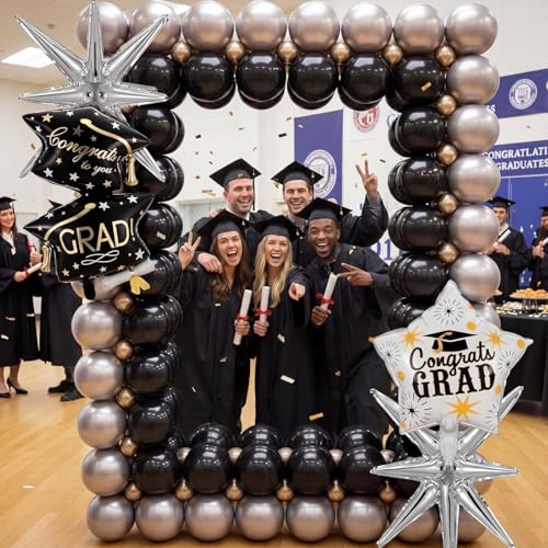 Seenelling 244 Pcs Black and Silver Graduation Balloon Arch Kit with Balloon Arch Stand Graduation 2026 Party Photo Booth Prom Backdrop for Celebrations High School Birthday Party Decoration