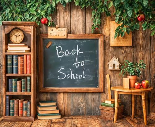 Kate Back to School Photo Backdrop Chalkboard Wood Wall Background Green Leaves Welcome Students to School Photography Backdrops, 10x8ft - size: 10x8ft