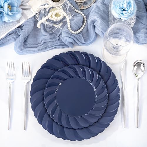 U-QE 60 Pcs Blue Plastic Plates for Party – Scalloped Blue Plates Disposable Heavy Duty – Include 30 10.25" Dinner & 30 7.25" Dessert Plate - Perfect for Parties, Weddings - color: Blue