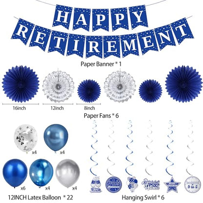 Holkcog Blue Retirement Party Decorations for Women, Silver Blue Happy Retired Banner Backdrop Paper Fan Hanging Swirls for Coworker, I'm Retired Cake Top & Honeycomb Set, Great for Retiring Women - style: Blue