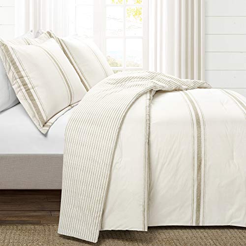 Lush Decor Farmhouse Stripe Reversible Cotton Comforter Set, 3 Piece Set, Full/ Queen, Neutral - Cozy Farmhouse Bedding Set - Rustic Decor - Striped Comforter - Modern Farmhouse Bedroom Decor - color: Neutral, size: Full/Queen