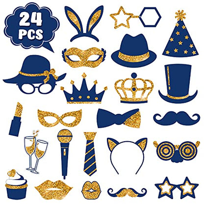 Zonon 24 Pcs Funny Photo Booth Props Class of 2026 Graduation Birthday Wedding Family Class Reunion Prom Disco Party Celebration Decoration Supplies Mix of Hats, Lipstick, Tie(Gold and Navy Blue) - color: Gold and Navy Blue
