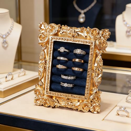 Vintage Ring Holder Rectangle Gold Velvet Display Stand - Baroque Jewelry Organizer Box Tray for Wedding Engagement Anniversary Women Birthday Christmas Gift Photograph Prop (MPF05-Gold Blue) - color: MPF05-Gold Blue