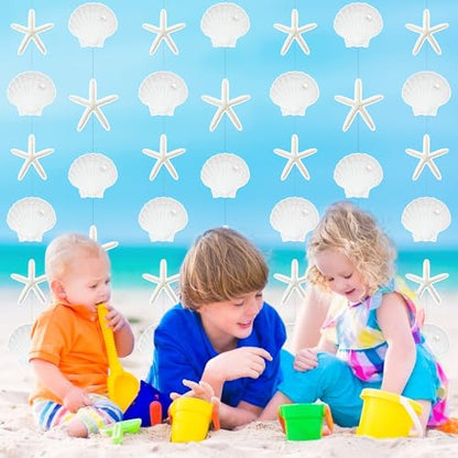 Xinnun Coastal Party Decorations White Finger Starfish and Seashell Garland Ocean Nautical Theme Cutouts Ribbon Streamers for Under The Sea Beach Mermaid Birthday Beach Wedding Decor - style: Shell