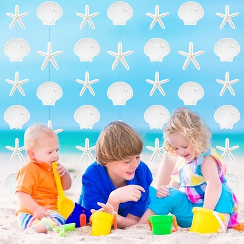 Xinnun Coastal Party Decorations White Finger Starfish and Seashell Garland Ocean Nautical Theme Cutouts Ribbon Streamers for Under The Sea Beach Mermaid Birthday Beach Wedding Decor - style: Shell