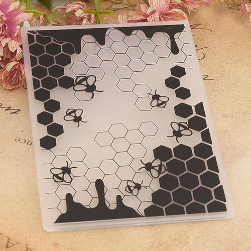 Bees Honeycomb Background Pattern Plastic Embossing Folder, 3D Textured Impressions Hexagon Beehive Background Embossing Folder Template for Card Making Scrapbooking Paper Craft Album Stamps DIY Décor - color: Bees Honeycomb Background