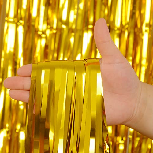 Gold Tinsel Backdrop Curtains, Melsan 3.2 x 8 ft Gold Foil Fringe Curtain Streamers for Birthday, Anniversary, Graduation & Photo Booth, Pack of 2 - color: Gold, size: 3.2 x 8 ft