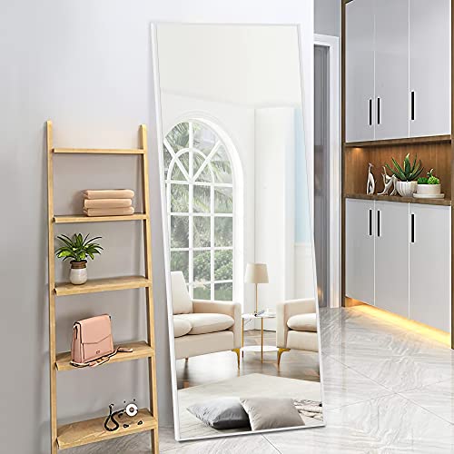 NeuType 59"x 16" Full Length Mirror Aluminum Alloy Thin Frame Floor Mirror Wall Mirror Dressing Mirror Hanging or Leaning Against Wall, Bedroom Mirror Full Body Mirror White with Stand - color: White, size: 59"L x 16"W