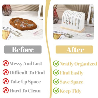2 PCS Cambered Wooden Necklace Display Stand with PU Leather Soft Mat Jewelry Display Holder for Vendors Home Boutique Countertop Pendant Chain Chokers Organizer (White)