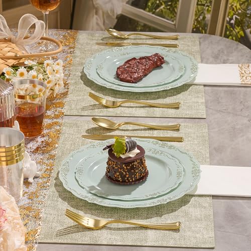 Fijinhom175 PCS Green Disposable Plates, Elegant Dinnerware Set for 25 Guests, 50 Plastic Plates, 75 Silverware, 25 Cups & 25 Paper Napkins, Green - color: Green Gold Pattern, size: 25 Guests-175pcs