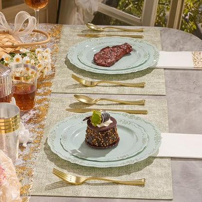 Fijinhom175 PCS Green Disposable Plates, Elegant Dinnerware Set for 25 Guests, 50 Plastic Plates, 75 Silverware, 25 Cups & 25 Paper Napkins, Green - color: Green Gold Pattern, size: 25 Guests-175pcs