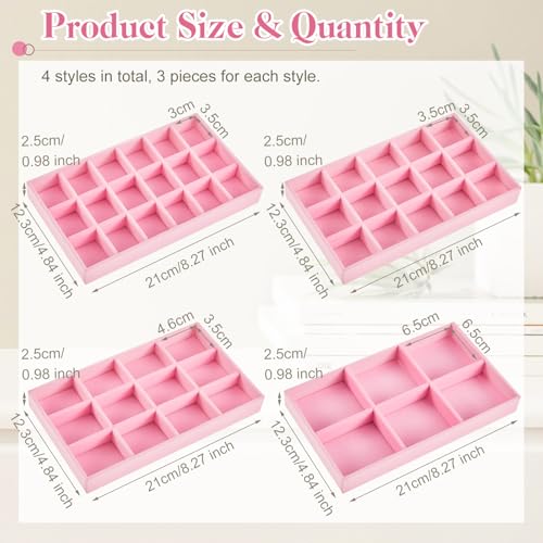 Junkin 12 Pcs Jewelry Tray Velvet Stackable Jewelry Organizer Trays Divided Earring Accessories Storage Containers Box (Rose Red) - color: Pink