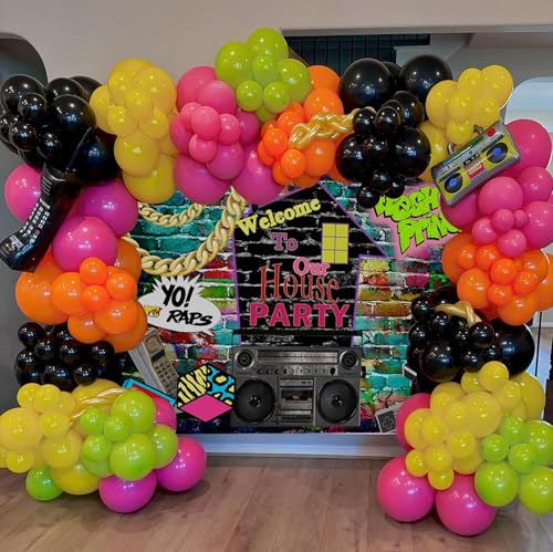 Mocsicka 90s Backdrop Hip Hop 90s House Party Decorations 7x5ft Retro Graffiti Brick Wall Back to 90s Background 1990s Party Banner Decorations Photo Booth Props - size: 7x5ft