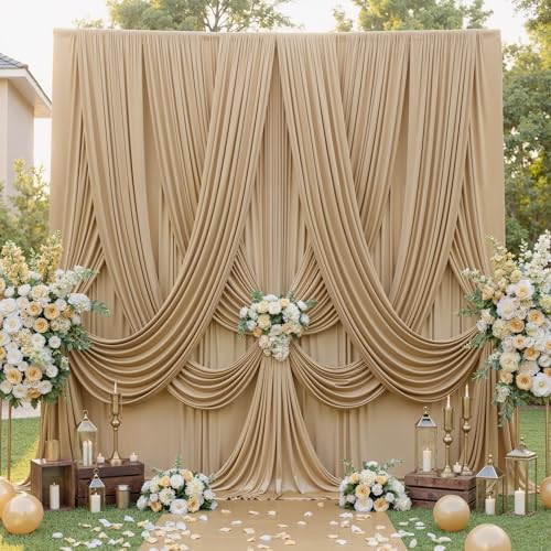 20ft×12ft Wrinkle Free Champagne Backdrop Curtain for Wedding Parties, 4 Panels 5×12ft Long Silky Polyester Fabric Backdrop Drapes Photo Back Drop Curtains for Birthday Photography Background Cloth - color: Beige, size: 12ft Long_4 Panels