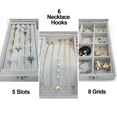 Ice Velvet Jewelry Organizer Box for Women Girlfriend Wife,Clear Lid Earrings Rings Necklace Bracelets Jewelry Tray Storage Case Grey - color: 8 Grids & 5 Slots & 6 Necklace Hooks
