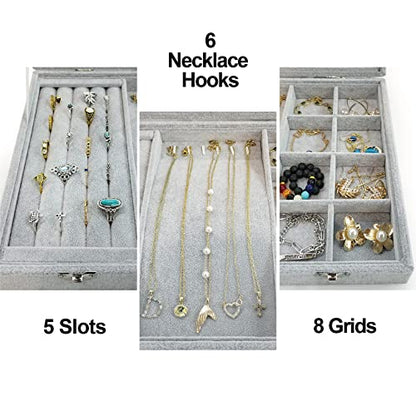Ice Velvet Jewelry Organizer Box for Women Girlfriend Wife,Clear Lid Earrings Rings Necklace Bracelets Jewelry Tray Storage Case Grey - color: 8 Grids & 5 Slots & 6 Necklace Hooks