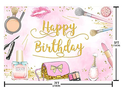 Sendy 7x5ft Makeup Happy Birthday Backdrop for Girl Pink Makeup Spa Glamour Cosmetics Photography Background Adult Women Makeup Birthday Party Decorations Banner Photo Booth Props