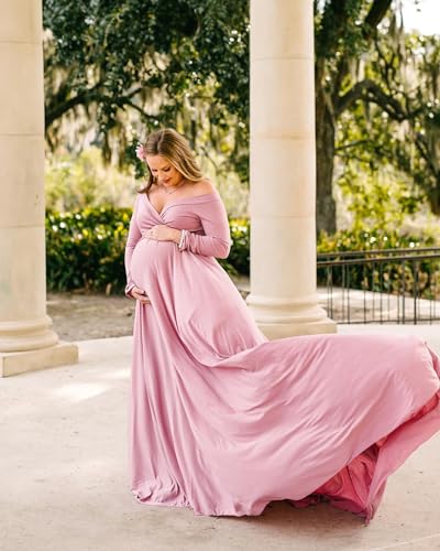 Saslax Maternity Off Shoulders Half Circle Gown for Baby Shower Photo Props Dress - color: Mauve 64, size: Large