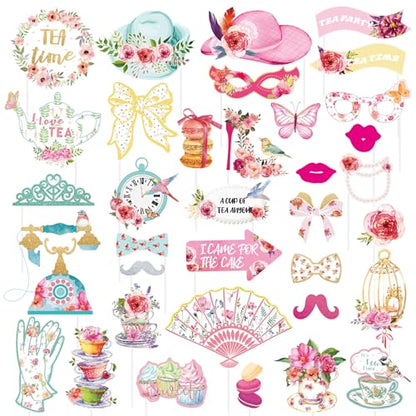SUNBEAUTY 36 Pcs Tea Party Photo Booth Props - Pink, White, Green - Floral Pattern - Paper Material - Perfect for Parties - color: Tea Party