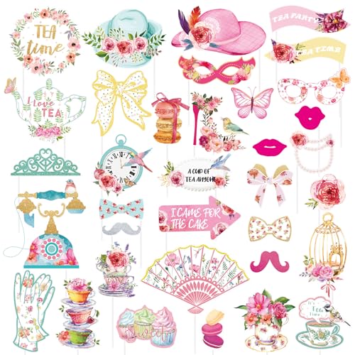 SUNBEAUTY 36 Pcs Tea Party Photo Booth Props - Pink, White, Green - Floral Pattern - Paper Material - Perfect for Parties - color: Tea Party