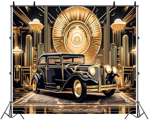 Roaring 20s Background 10x10ft Black Gold Retro Texture Background for 20's Prom Party Decor Portrait Photo Shoot 1920s Vintage Car Backdrop Photography Studio Set Props - size: 10x10FT