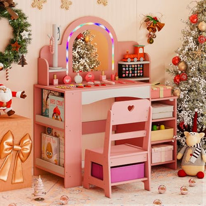 Costzon Kids Vanity, Girls Vanity Set with Lighted Mirror, Bookshelf, Jewelry Storage, Toddler Makeup Vanity Desk Dressing Table, Wooden Kids Vanity Table and Chair Set (Pink) - style: Pink