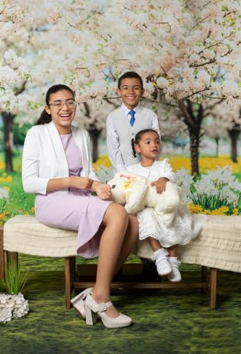 Kate Spring Backdrop White Sakura Green Grass Natural Scenery Forest Trees Season Holiday Photography Props, 10x10ft - size: 10x10ft