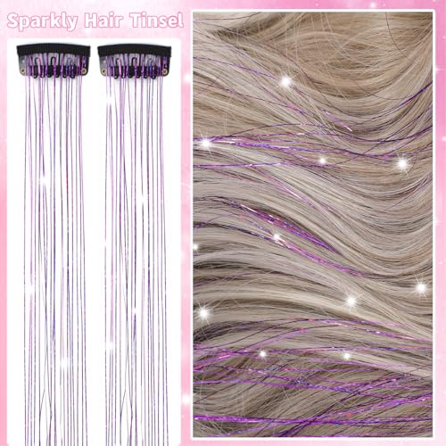 Hair Tinsel Clip in 12 Pcs Glitter Tinsel Hair Extensions 20 Inch Fairy Hair Clip in Hair Tinsel Heat Resistant Sparkly Hair Accessories for Girls Women Kids (Purple) - color: Purple