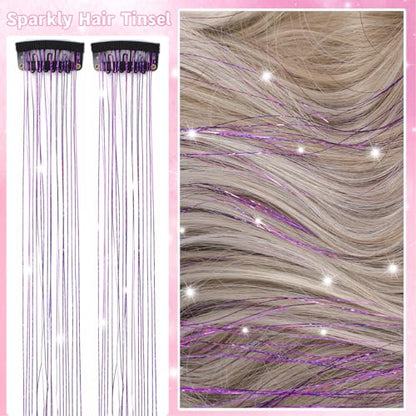 Hair Tinsel Clip in 12 Pcs Glitter Tinsel Hair Extensions 20 Inch Fairy Hair Clip in Hair Tinsel Heat Resistant Sparkly Hair Accessories for Girls Women Kids (Purple) - color: Purple