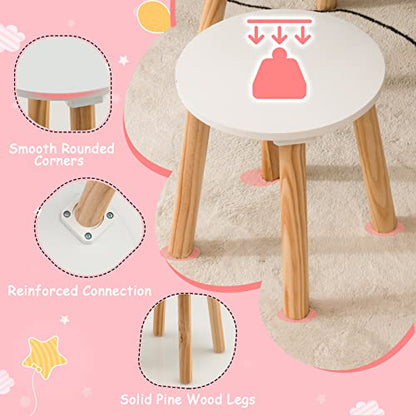 Costzon Kids Vanity Set, Girls Vanity Set with Mirror and Stool, 2 Large Drawers, Storage Shelf, Wooden Princess Makeup Dressing Table, Pretend Play Vanity Table and Chair Set for Toddlers, White - style: White with Square Mirror