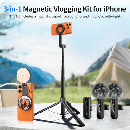 yAyusi 3-in-1 Magnetic Vlogging Kit for iPhone/Android, YouTube Starter Kit, Magnetic Tripod/Microphone/Remote Control, 71" Selfie Stick with Light for YouTube Starter Content Creator Essentials Kit