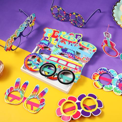 Pajean 36 Pcs 60s Party Decorations 60's Photo Booth Prop 60 Hippie Themed Eyeglasses Paper Glasses Frame Tie Dye Groovy Peace Love Themed Favor for 60's Hippie Birthday Party Favor Supplies - style: Hippie