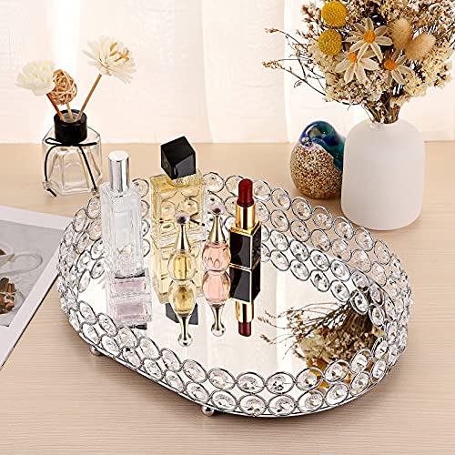 Hipiwe Crystal Vanity Tray Mirrored Dresser Perfume Trays for Makeup Tray Cosmetic Skin Care Storage, Jewelry Trinket Organizer Tray for Bathroom Countertop Home Decor (Medium, Silver) - size: 11.8" x 8.7" x 2.3"