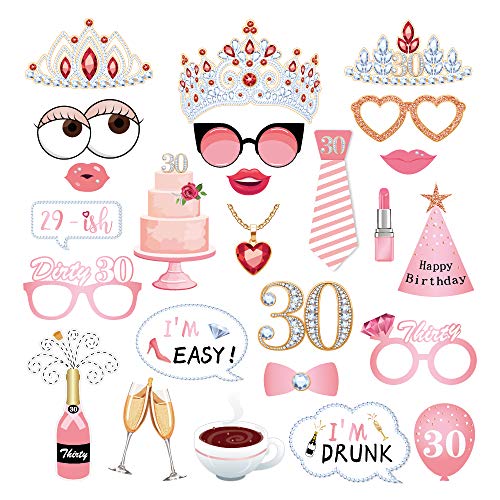25 PCS Birthday Photo Booth Props 30th Party Supplies Holiday Picture Decorations Photo Booth Props for Birthday Party Favors Pose Sign Kit Fun for Girls Women - color: Pink-30