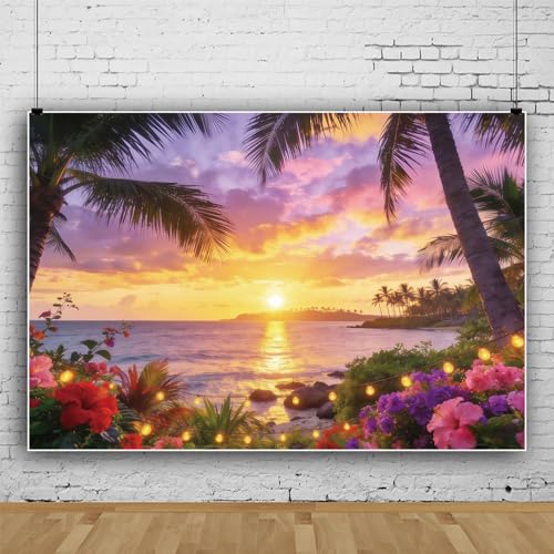 8x6ft Tropical Beach Photo Backdrop Summer Ocean Hawaiian Background Sunrise Sunset Hawaii Luau Party Island Palm Tree Seaside Aloha Party Baby Shower Birthday Party Banner Photo Studio Props - color: Violet, size: 8x6ft