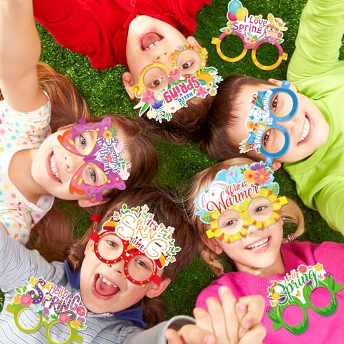 HOWAF 30pcs Hello Spring Photo Booth Props Paper Eyeglasses, Spring Flower Eyewear for Spring Party Decorations Supplies, Welcome Spring Butterfly Glasses Fame for Kids Birthday Favors