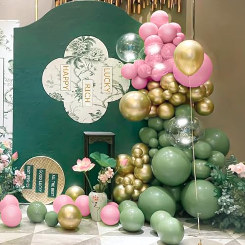 MEBAY Sage Green Pink Gold Balloon Arch Kit, 141Pcs Sage Green Pastel Pink Chrome Gold Sand White Latex Balloons for Birthday Wedding Baby Shower Gender Reveal Anniversary - color: 141-sage Green