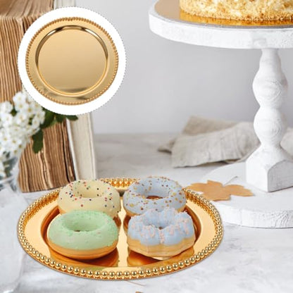 UKCOCO European Style Metal Fruit Dish Beaded Edge Mirror Finish 25cm Gold Food Serving Tray Dessert and Snack Display Plate for Home Storage and Photography Props